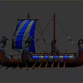 Ancient Water Vessels With Blue And White Sails And Multiple Oars