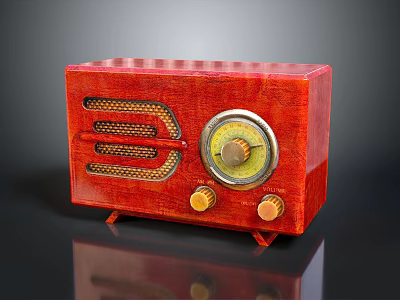 Vintage Electronic Radio With Red Wooden Case Speaker Grille Round Dial And Knobs 3d model
