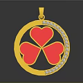 Gold Pendant Featuring Circular Frame Red Clover Heart Shaped With Diamond Encrusted Edge
