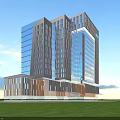 Modern High-Rise Commercial Complex With Glass Curtain Walls And Copper Panel Facade