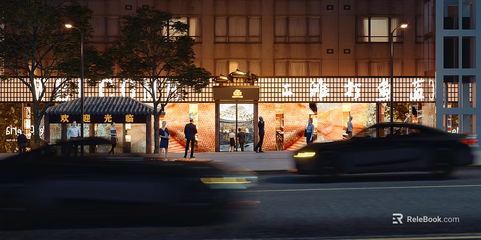 Traditional Chinese Storefront Facade With Illuminated Wooden Sign And Pedestrians At Night 3d model 