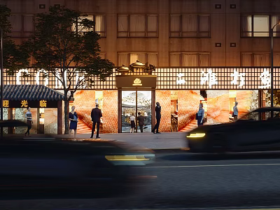 Traditional Chinese Storefront Facade With Illuminated Wooden Sign And Pedestrians At Night 3d model