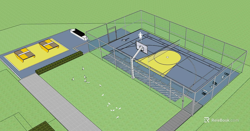 Enclosed Basketball Court With Blue Surface Yellow Painted Areas And Grass Surroundings 3d model 
