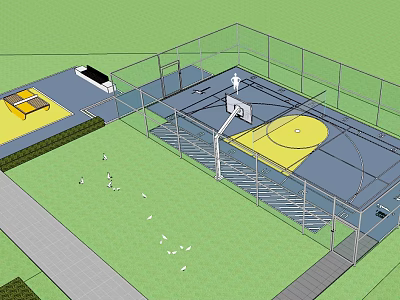 Enclosed Basketball Court With Blue Surface Yellow Painted Areas And Grass Surroundings 3d model