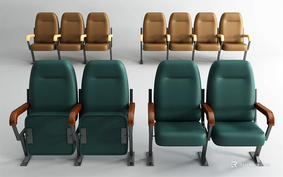 Green And Brown Public Seating Chairs With Armrests And Metal Frames Arranged In Rows 3d model 