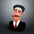 3D Male Character With Glasses Mustache Pipe Black Suit Red Tie And White Shirt