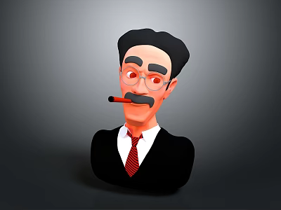 3D Male Character With Glasses Mustache Pipe Black Suit Red Tie And White Shirt 3d model