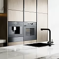 Modern Kitchen Interior With Marble Island Countertop Dark Wooden Cabinets Oven And Coffee Maker