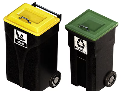 Public Facilities Color Coded Trash Bins With Yellow Green Lids For Glass Plastic Recycling 3d model