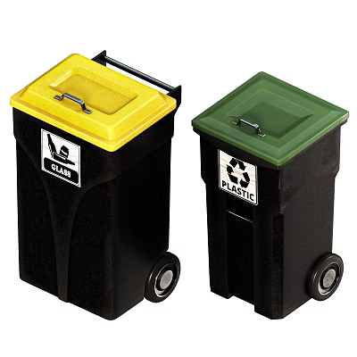 Public Facilities Color Coded Trash Bins With Yellow Green Lids For Glass Plastic Recycling 3d model