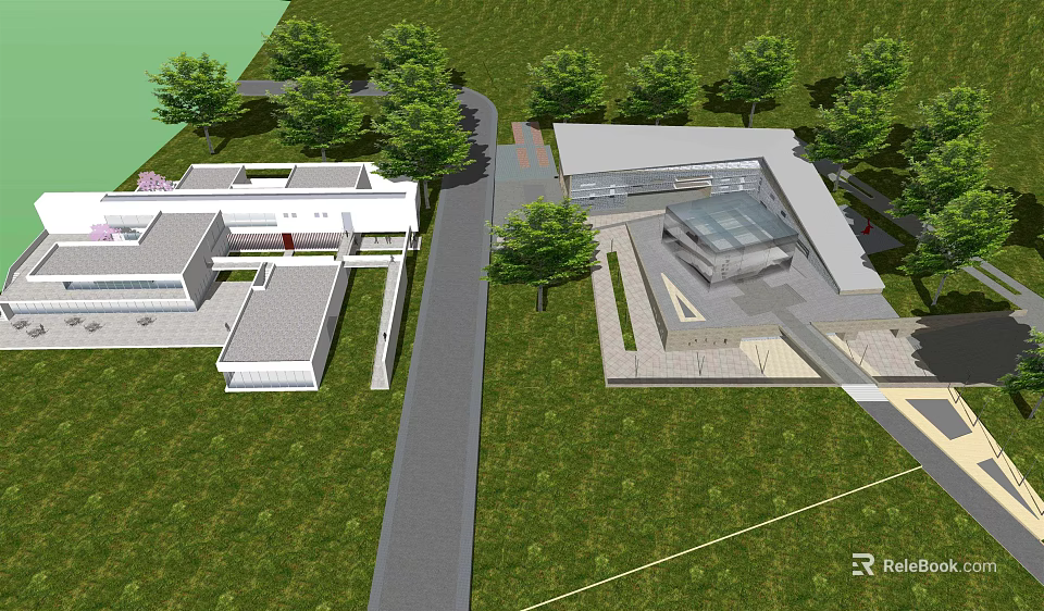 Modern Museum Building Exterior Featuring Green Landscape And Trees 3d model