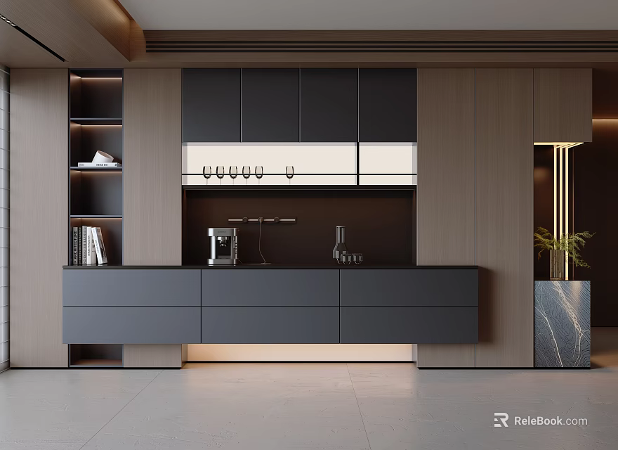 Elegant Modern Kitchen Sideboard With Wooden Drawers Lighting And Plant 3d model 