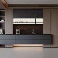 Elegant Modern Kitchen Sideboard With Wooden Drawers Lighting And Plant
