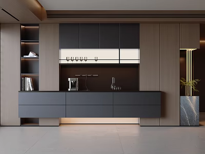 Elegant Modern Kitchen Sideboard With Wooden Drawers Lighting And Plant 3d model