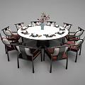 Round Dining Table Set Surrounded By Chairs With Flower Vase And Tableware 3d model
