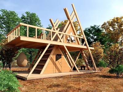 Modern Wooden House Design With Balcony Staircase And Surrounding Trees 3d model
