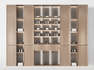 Modern Wooden Display Cabinet With Multiple Compartments Cups Bottles And Built In Lighting 3d model