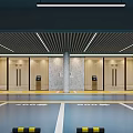 Modern Indoor Parking Garage With Blue Floor Yellow White Lines And Elevator Doors