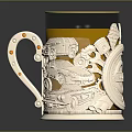 White Carved Mug with Automotive Gear Engravings Ornate Handle Orange Dots and Yellow Liquid