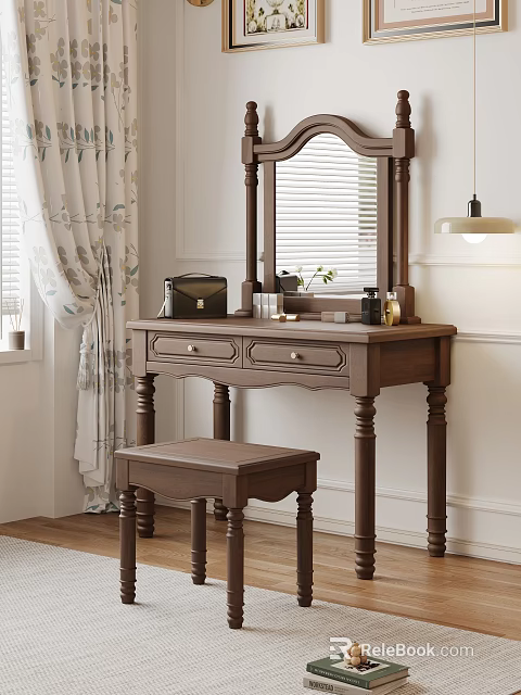 Vintage Wooden Dressing Table with Mirror Matching Stool and Decorative Tabletop Items 3d model 
