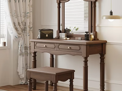 Vintage Wooden Dressing Table with Mirror Matching Stool and Decorative Tabletop Items 3d model