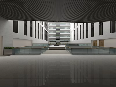 Modern Multi Level Hall Interior With Glass Railings Black Ceiling And Sleek Reflective Floor 3d model
