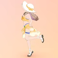 Woman In Yellow Bikini Top And Floral Skirt With White Sun Hat On Orange Background