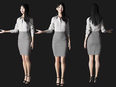 Woman Wearing White Shirt And Gray Skirt Three Angles Display With High Heels 3d model