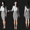 Woman Wearing White Shirt And Gray Skirt Three Angles Display With High Heels