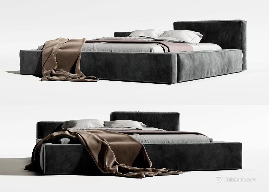 Modern Grey Velvet Double Bed With White Pillows And Brown Throw Blanket 3d model