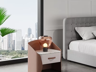 Brown White Bedside Table With Copper Glass Lamp Marble Top By Window With City View 3d model