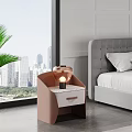 Brown White Bedside Table With Copper Glass Lamp Marble Top By Window With City View
