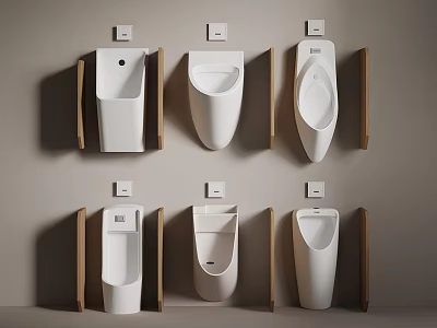 White Wall Mounted Urinals Display With Wooden Frames And Small Signs 3d model