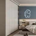 Modern Kids Room Interior With Dark Blue Wall Astronaut Neon Light And Stuffed Toys