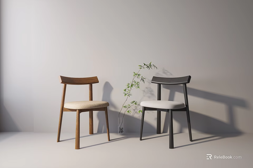 Minimalist Table And Chair Set With Wooden And Black Chairs Green Potted Plant Decor 3d model 