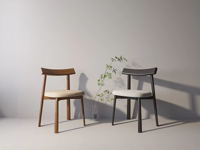 Minimalist Table And Chair Set With Wooden And Black Chairs Green Potted Plant Decor 3d model