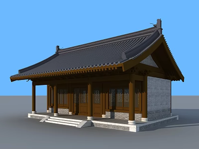 Ancient Chinese Architectural Structure Featuring Black Tiled Roof Wooden Columns And Stone Steps 3d model