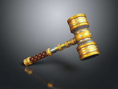 High Quality Hardware Tool Hammer With Golden Decorations And Brown Textured Handle 3d model