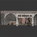 Vintage Building Model with Arched Structure Metal Framework and Stone Wall Texture 3d model