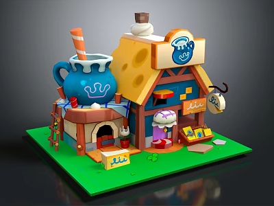 Cartoon Scene Featuring Cozy Shop Cheese Roof Blue Mug With Cream Striped Straw Little Figure 3d model