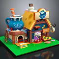 Cartoon Scene Featuring Cozy Shop Cheese Roof Blue Mug With Cream Striped Straw Little Figure