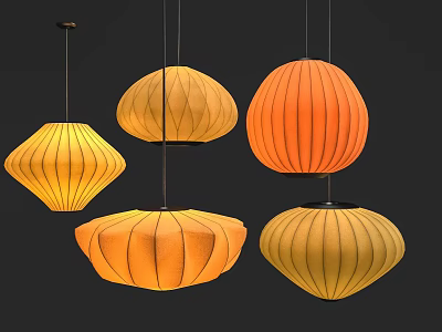 Vibrant Hanging Lanterns In Yellow And Orange With Various Decorative Shapes 3d model