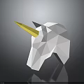 White Polygonal Unicorn Head Sculpture With Yellow Horn On Dark Reflective Background