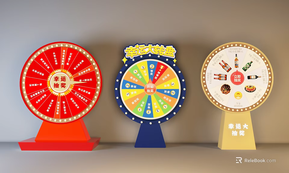 Lucky Draw Spinning Wheels With Red Colorful Beige Bases Featuring Prize Drinks And Snacks 3d model 