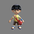 Cute Boy Decorative Ornament Figurine Set with Black Short Hair Yellow Tshirt and Red Bag