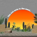 Tropical Floral Display with Arched Design Cacti Palm Plants and Sunset Backdrop on Sand Ground