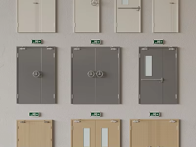 Various Interior Doors In White Grey Brown With Emergency Exit Signs And Glass Panels 3d model