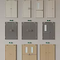 Various Interior Doors In White Grey Brown With Emergency Exit Signs And Glass Panels