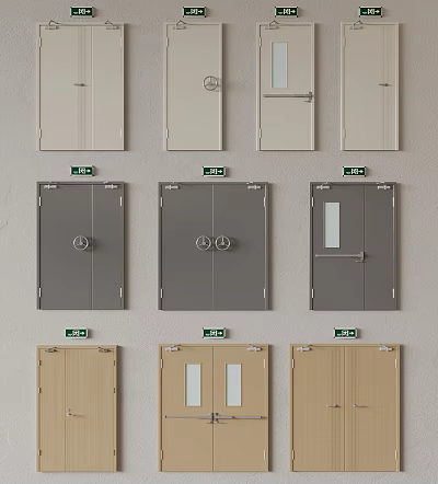 Various Interior Doors In White Grey Brown With Emergency Exit Signs And Glass Panels 3d model