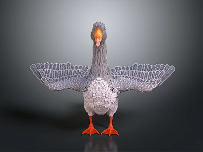 Gray Goose With Orange Beak And Feet Wings Spread On Dark Background 3d model